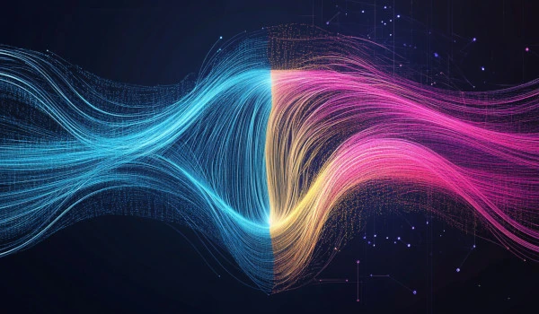AI-Driven-Data-Fusion-and-Neural-Networks Abstract visualization of AI-driven data fusion and neural networks, featuring colorful, interwoven streams of blue, pink, and yellow lines symbolizing data flow and connectivity. The image shows a transition from binary code on one side to complex neural pathways on the other, set against a dark background with faint grids and tech symbols, evoking themes of cloud computing and cybersecurity.