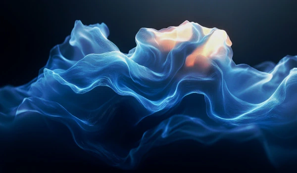 AI-Neural-Network-Abstraction-in-Digital-Art A minimalist, digital art composition showcasing abstract blue wave-like structures with a subtle glow, symbolizing AI-driven neural networks and advanced technology.