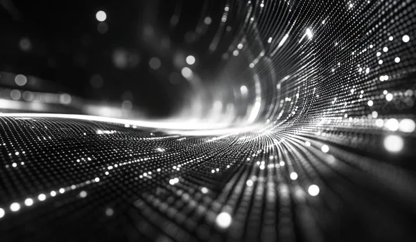 AI-and-Quantum-Computing-Visual-Transition A dynamic, black-and-white abstract visualization of AI and quantum computing, featuring intricate digital pathways symbolizing the evolution from classical bits to quantum qubits.