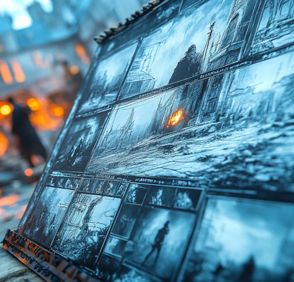Cinematic-Storyboard-of-a-Dystopian-Scene-th Storyboard showcasing a mix of pencil sketches and realistic visuals with dystopian elements, visible annotations, dynamic lighting, and Creative AI-driven production techniques.