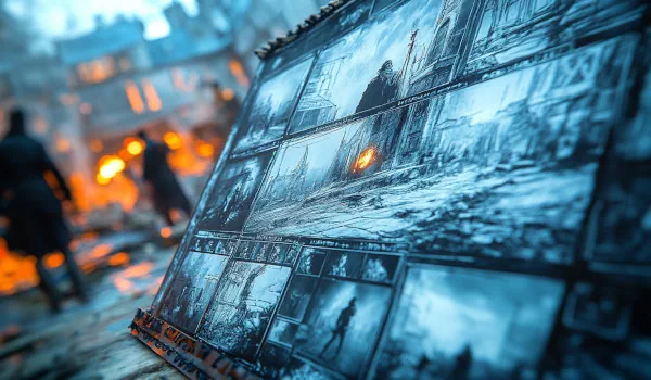 Cinematic-Storyboard-of-a-Dystopian-Scene Storyboard showcasing a mix of pencil sketches and realistic visuals with dystopian elements, visible annotations, and dynamic lighting.