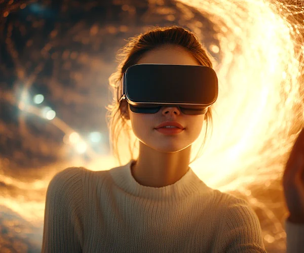 Futuristic-Scene-with-VR-Interaction Casual woman in high-tech environment with VR goggles, symbolizing AI-driven innovation.