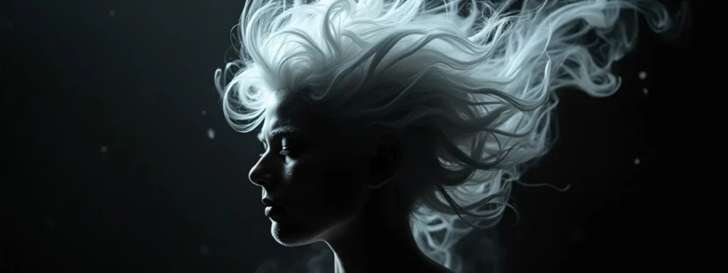 Surreal-Portrait-of-Woman with-Flowing-Hair Profile of a woman with flowing, ethereal hair in high contrast.