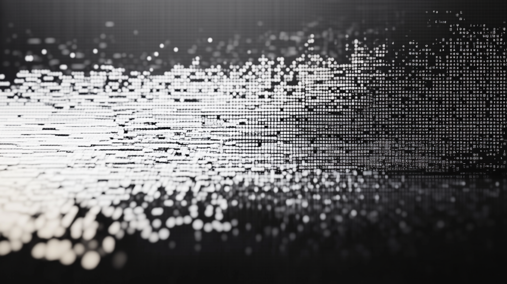 Digital Data Landscape Abstract black-and-white visualization of digital data, connectivity and technology infrastructure.